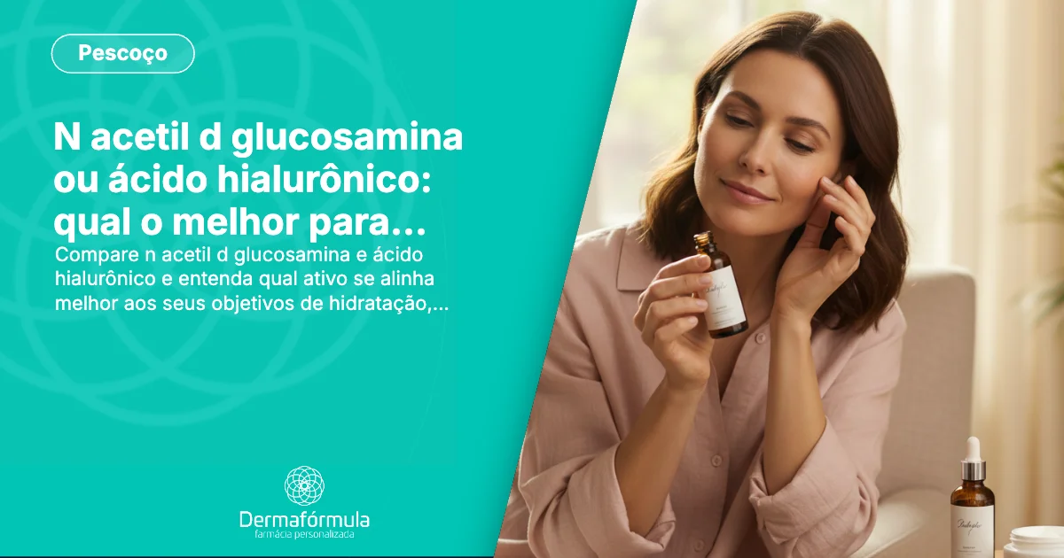 Dois frascos de sérum, um representando n acetil d glucosamina e outro ácido hialurônico, simbolizando a escolha e combinação de ativos para a pele.